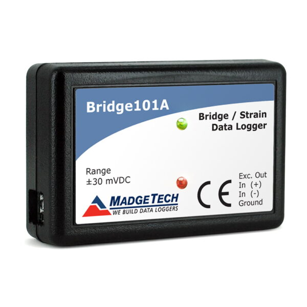 MadgeTech Bridge101A Load cell data logger with 3 measuring ranges to measure and record output from strain gauges and load cells.
