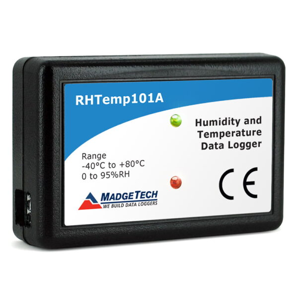 The MadgeTech RHTemp101A temperature and humidity sensor data logger can measure and record temperatures from -40 °C to 80 °C and humidity from 0 %RH to 95 %RH.