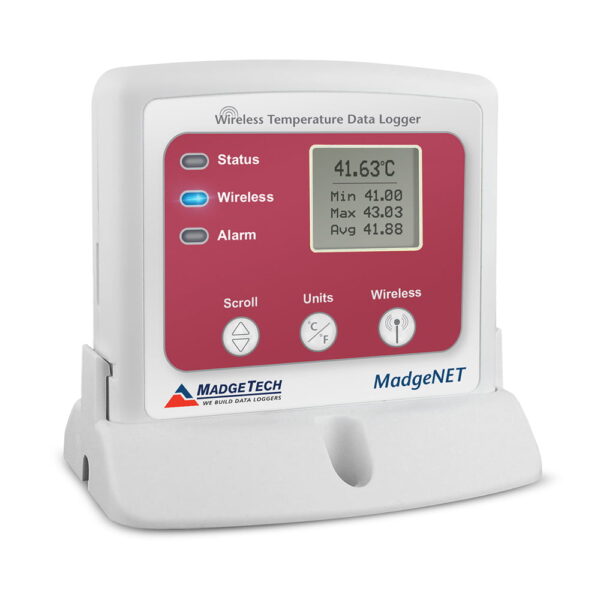 MadgeTech RFTemp200A wireless temperature logger with LCD display for real time monitoring.