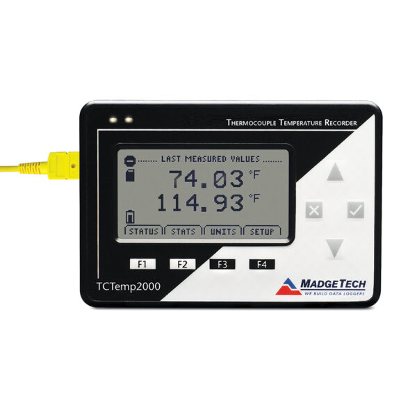 MadgeTech TCTemp2000 temperature probe data logger accepts thermocouple Types J, K, T, E, R, S, B ,N features a LCD display for real time monitoring.