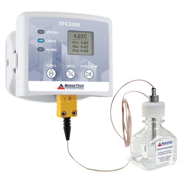 MadgeTech VFC2000 Vaccine temperature monitoring system with LCD display.